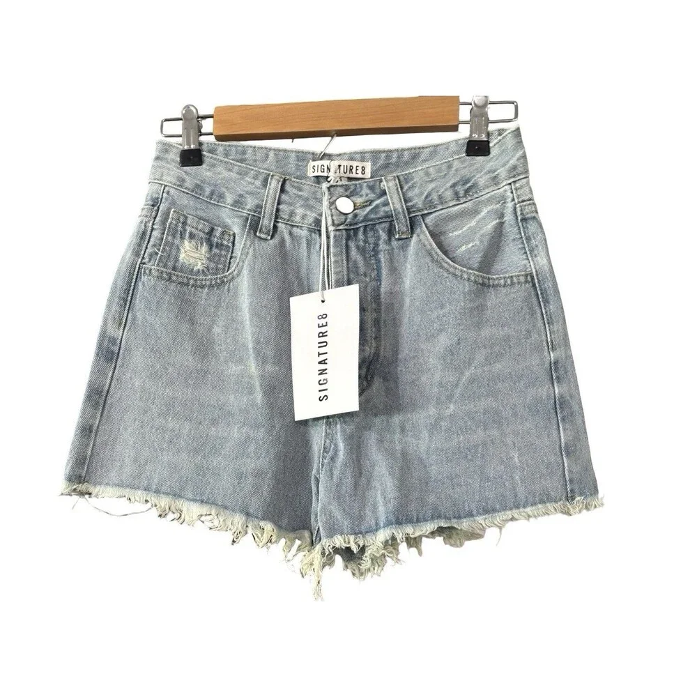 Signature 8 Blue Denim Jean Cut-Off Frayed Distressed Shorts Small 26 Waist NWT